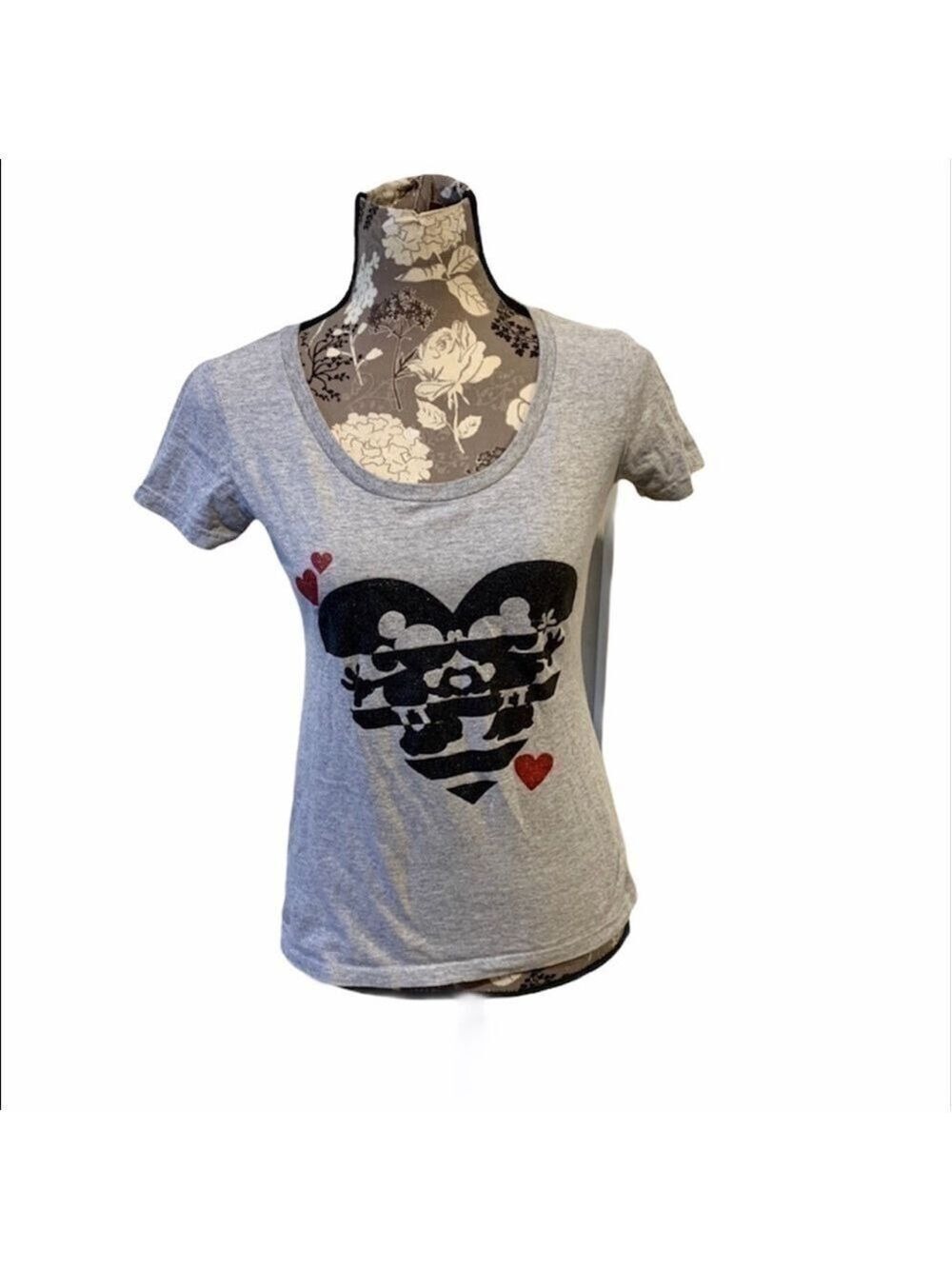 DISNEY Gray Mickey & Minnie Kiss Short Sleeve Tee XS